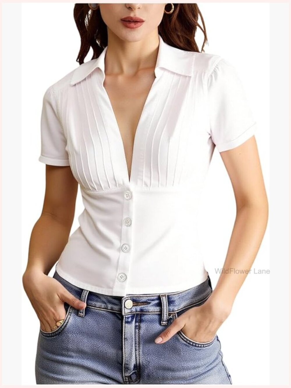 Pleated Collared V-Neck Button Down Short Sleeve Blouse for Night Out